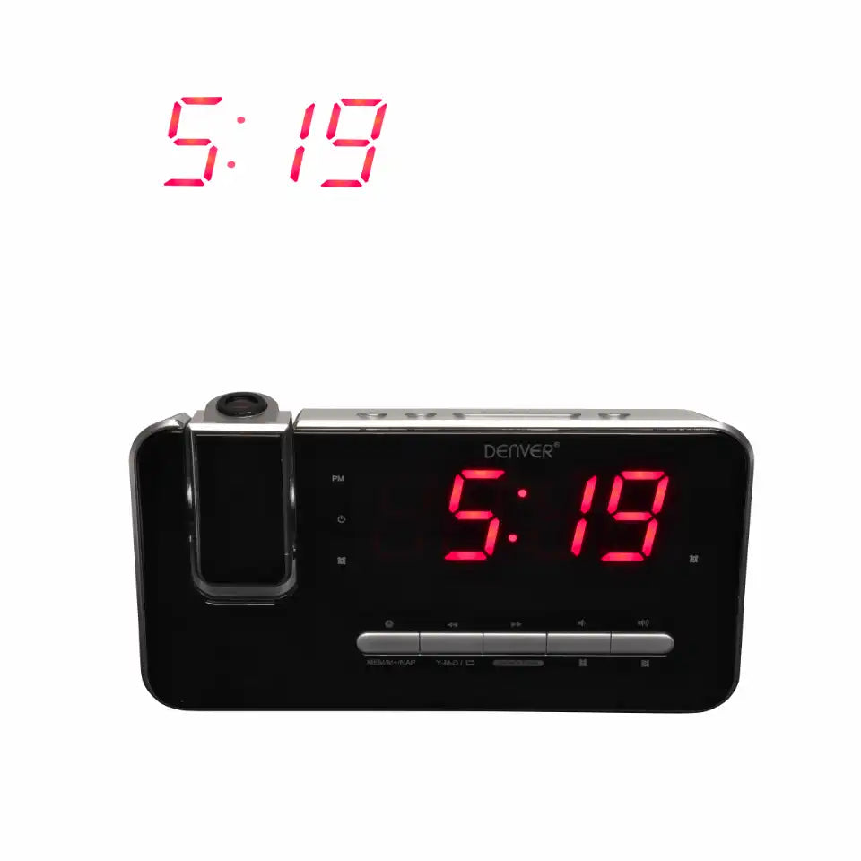 Radio reloj FM Denver PLL con alarma dual, proyección de reloj de 180° y pantalla LED de 1,2" | CRP-618